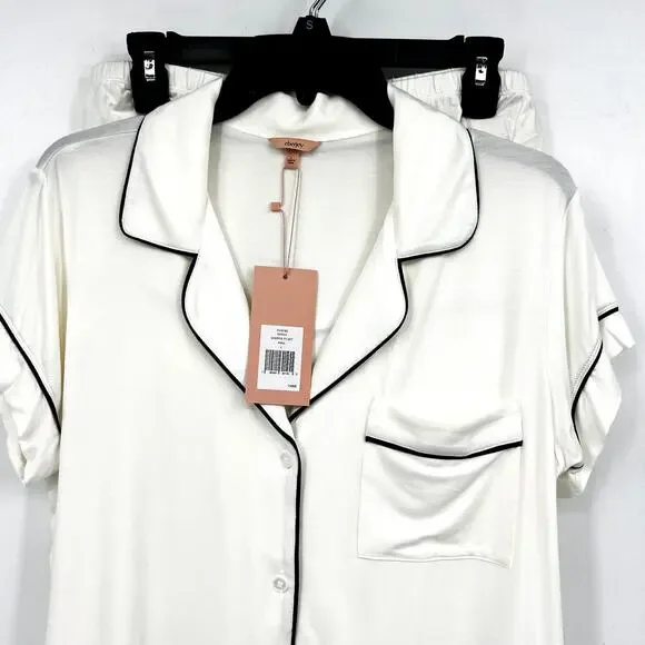 EBERJEY Giselle Short PJ Set Large Pure Ivory Navy Blue Tencel Modal Relaxed NWT - Picture 4 of 13